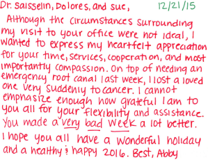 Handwritten patient testimonial from Abby